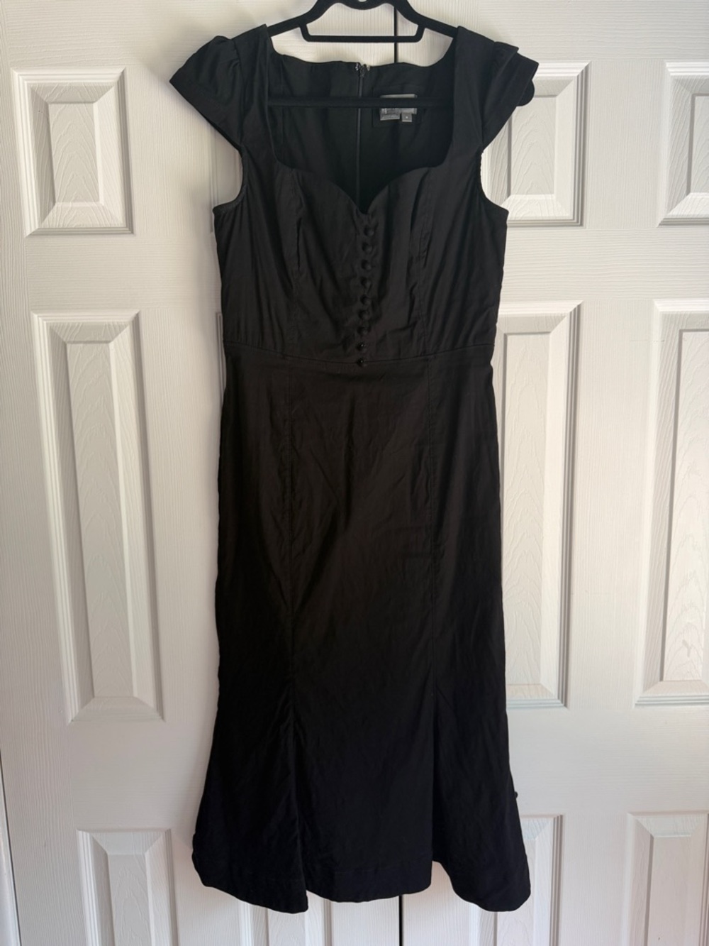 Anthropologie Black Midi Dress with Cap Sleeves. Cecily Fit and Flare